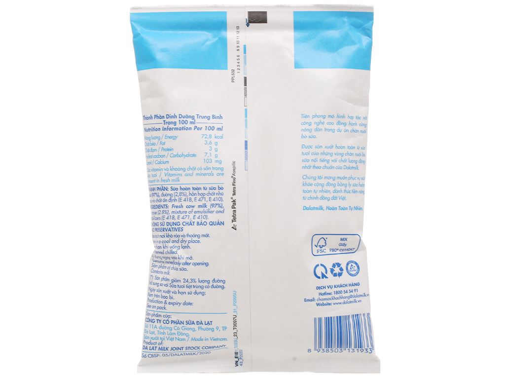 Sữa tươi tiệt trùng ít đường Dalat Milk bịch 220ml 3