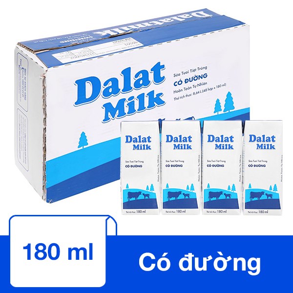 Thùng 48 hộp sữa tươi tiệt trùng Dalat Milk có đường 180 ml (từ 1 tuổi)