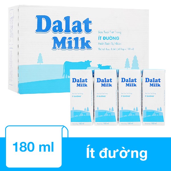 Thùng 48 Hộp Sữa Tươi Tiệt Trùng Dalat Milk Ít Đường 180 Ml (Từ 1 Tuổi)