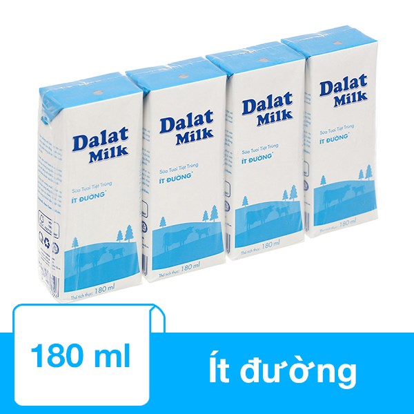 Lốc 4 Hộp Sữa Tươi Tiệt Trùng Dalat Milk Ít Đường 180 Ml (Từ 1 Tuổi)