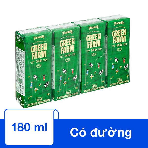 Lốc 4 Hộp Sữa Tươi Vinamilk Green Farm Có Đường 180 Ml (Từ 1 Tuổi)