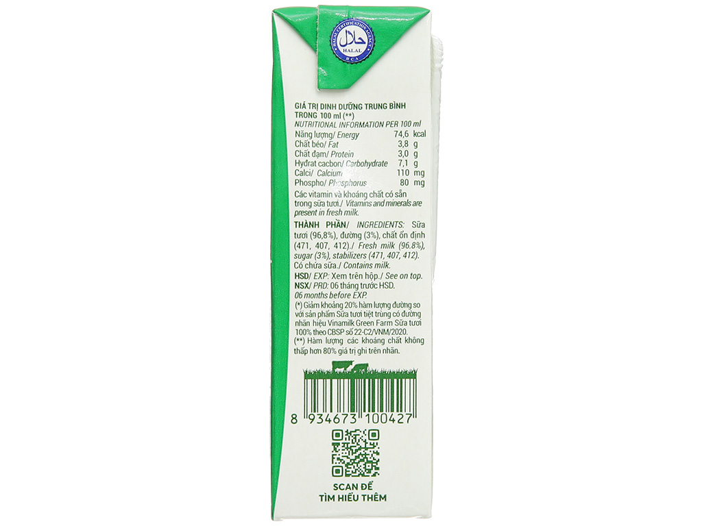Thùng 48 hộp sữa tươi tiệt trùng có đường Vinamilk Green Farm 180ml 8