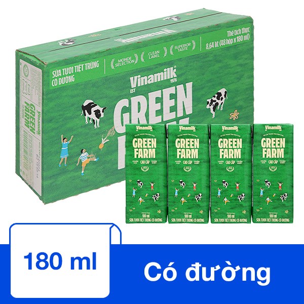 Thùng 48 Hộp Sữa Tươi Vinamilk Green Farm Có Đường 180 Ml (Từ 1 Tuổi)