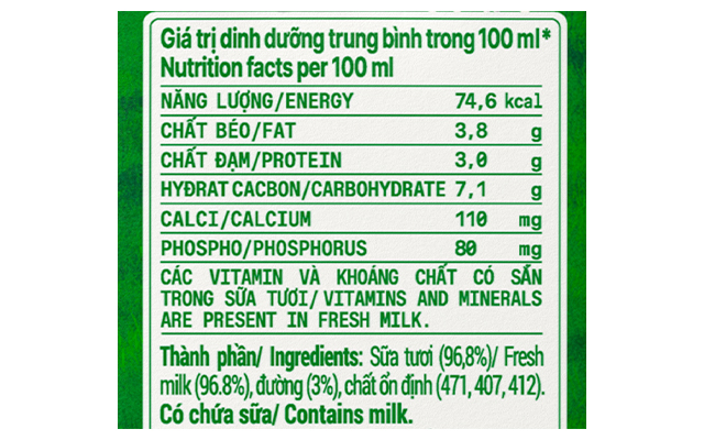 Thành phần dinh dưỡng - Thùng 48 hộp sữa tươi tiệt trùng Vinamilk Green Farm có đường 110 ml (từ 1 tuổi) Thành phần dinh dưỡng - Thùng 48 hộp sữa tươi tiệt trùng Vinamilk Green Farm có đường 110 ml (từ 1 tuổi)