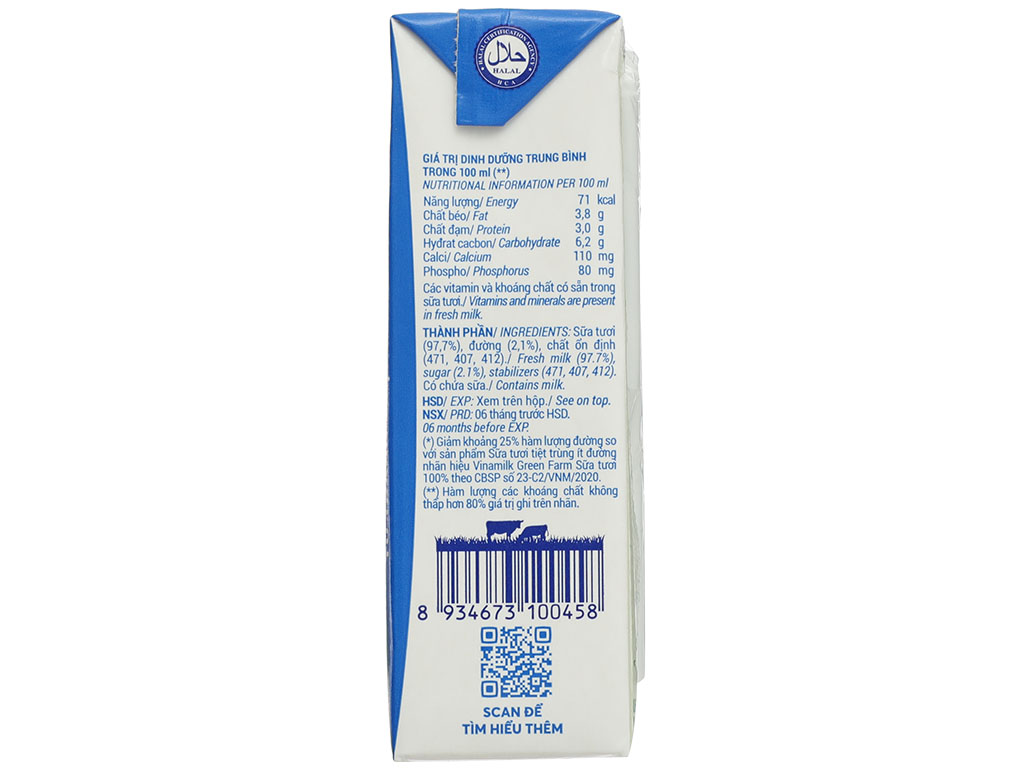 Lốc 4 hộp sữa tươi tiệt trùng ít đường Vinamilk Green Farm 180ml 8