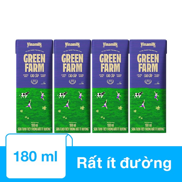 Lốc 4 Hộp Sữa Tươi Tiệt Trùng Vinamilk Green Farm Rất Ít Đường 180 Ml (Từ 1 Tuổi)