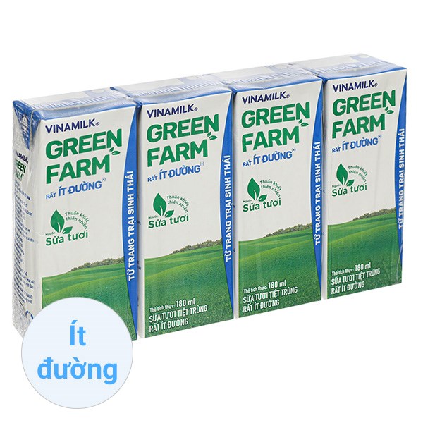 Lốc 4 hộp sữa tươi tiệt trùng Vinamilk Green Farm ít đường 180 ml (từ 1 tuổi)