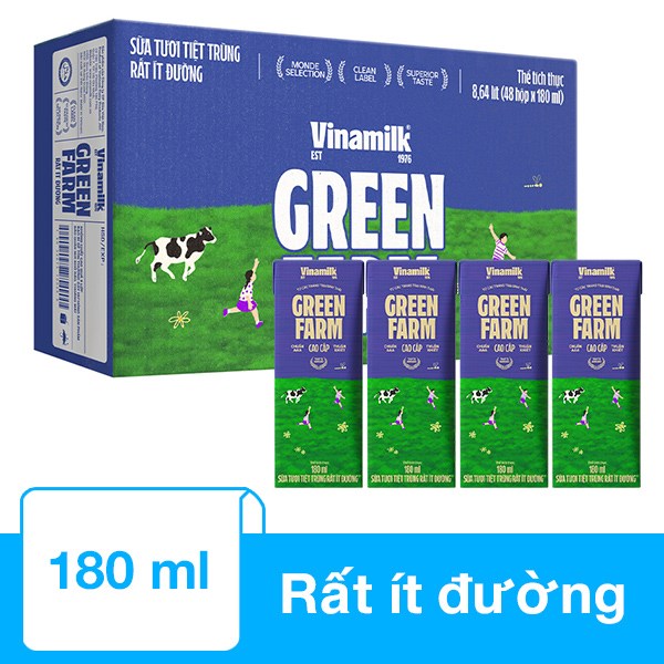 Thùng 48 Hộp Sữa Tươi Tiệt Trùng Vinamilk Green Farm Rất Ít Đường 180 Ml (Từ 1 Tuổi)