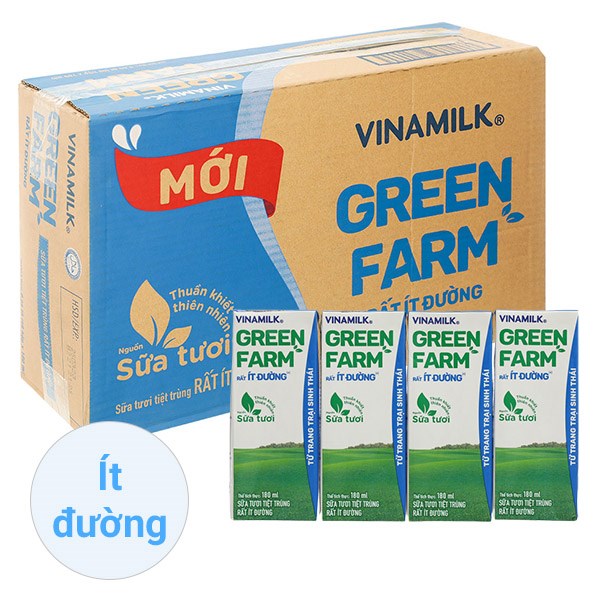 Thùng 48 hộp sữa tươi tiệt trùng Vinamilk Green Farm ít đường 180 ml (từ 1 tuổi)