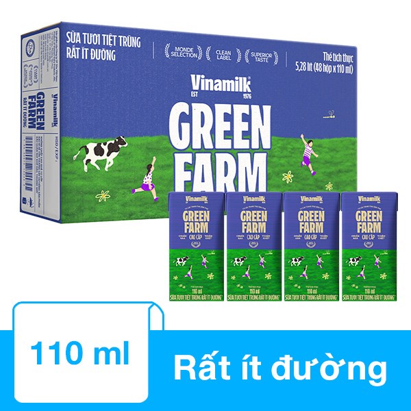 Thùng 48 Hộp Sữa Tươi Tiệt Trùng Vinamilk Green Farm Rất Ít Đường 110 Ml (Từ 1 Tuổi)