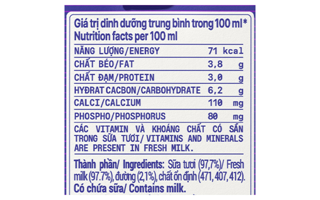 Thành phần dinh dưỡng - Thùng 48 hộp sữa tươi tiệt trùng Vinamilk Green Farm ít đường 110 ml (từ 1 tuổi) Thành phần dinh dưỡng - Thùng 48 hộp sữa tươi tiệt trùng Vinamilk Green Farm ít đường 110 ml (từ 1 tuổi)