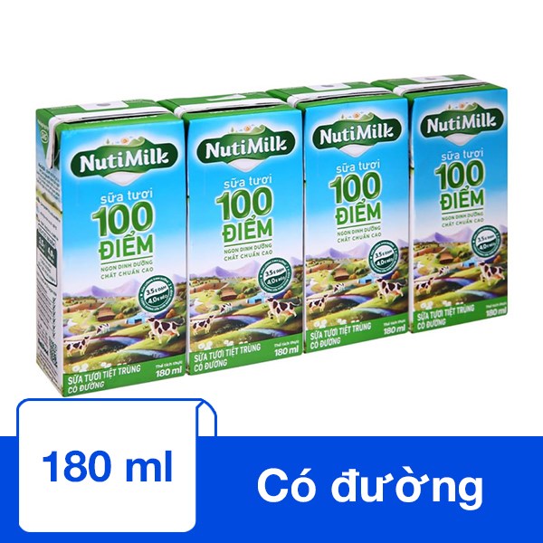 Lốc 4 hộp sữa tươi Nutimilk 100 điểm có đường 180 ml - AVAKids.com