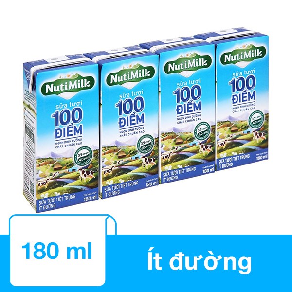 Sữa tươi sạch tiệt trùng Nutimilk, ít đường, 180ml (lốc 4 hộp)