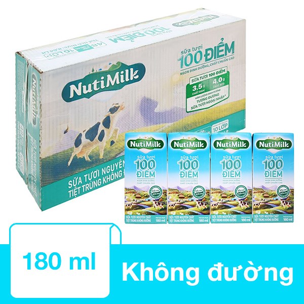 Thùng 48 hộp sữa tươi tiệt trùng Nutimilk 100 điểm không đường 180 ml (từ 1 tuổi)