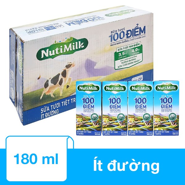 Thùng 48 hộp sữa tươi tiệt trùng Nutimilk 100 điểm ít đường 180 ml (từ 1 tuổi)