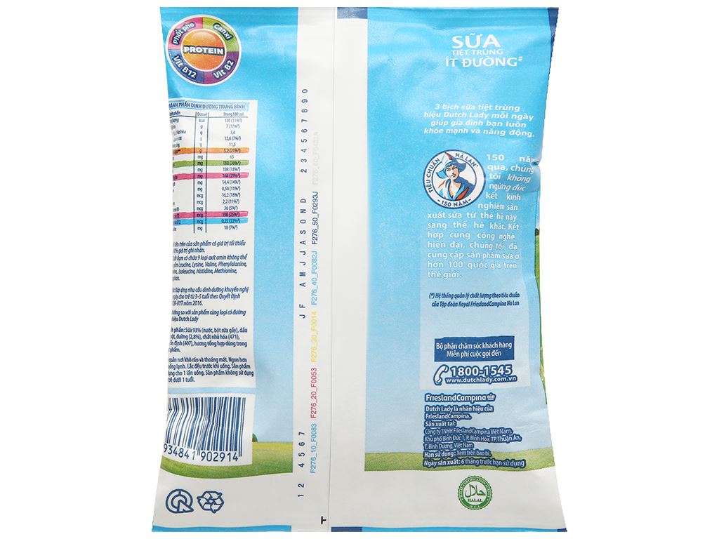 Thùng 24 bịch sữa tươi tiệt trùng ít đường Dutch Lady Canxi & Protein 180ml 3