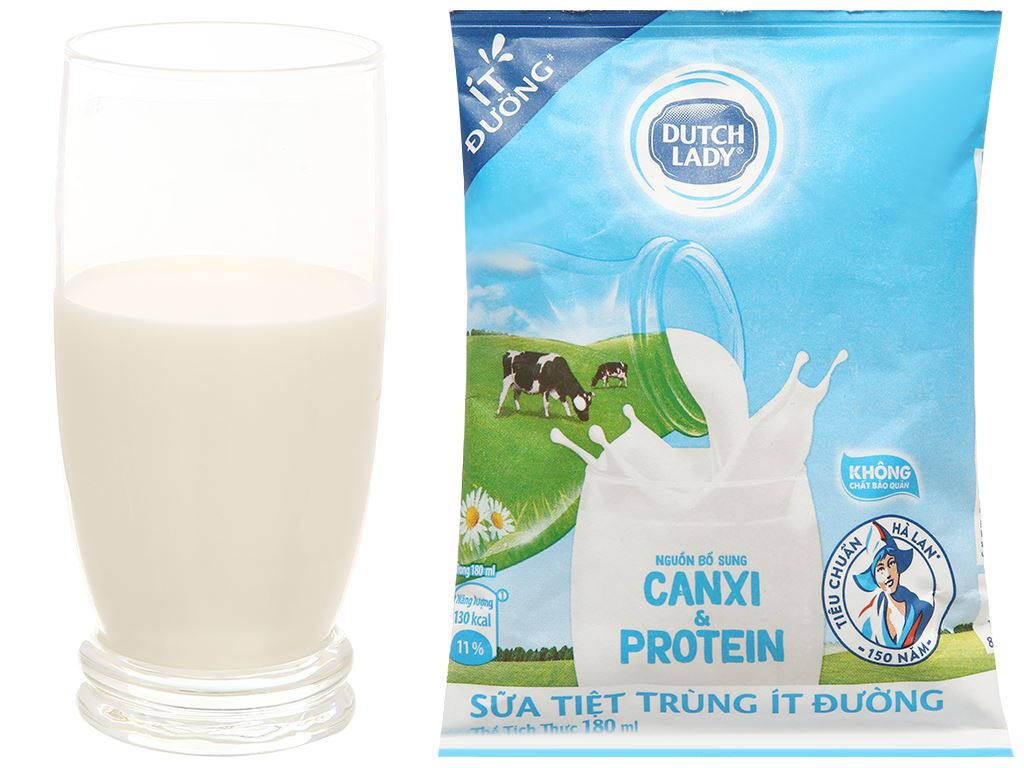 Thùng 24 bịch sữa tươi tiệt trùng ít đường Dutch Lady Canxi & Protein 180ml 6