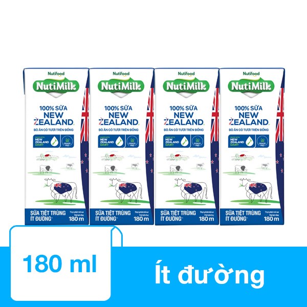 Lốc 4 Hộp Sữa Tiệt Trùng Nutimilk New Zealand Ít Đường 180 Ml (Từ 1 Tuổi)