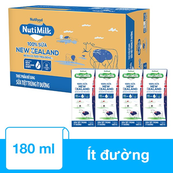 Thùng 48 Hộp Sữa Tiệt Trùng Nutimilk New Zealand Ít Đường 180 Ml (Từ 1 Tuổi)