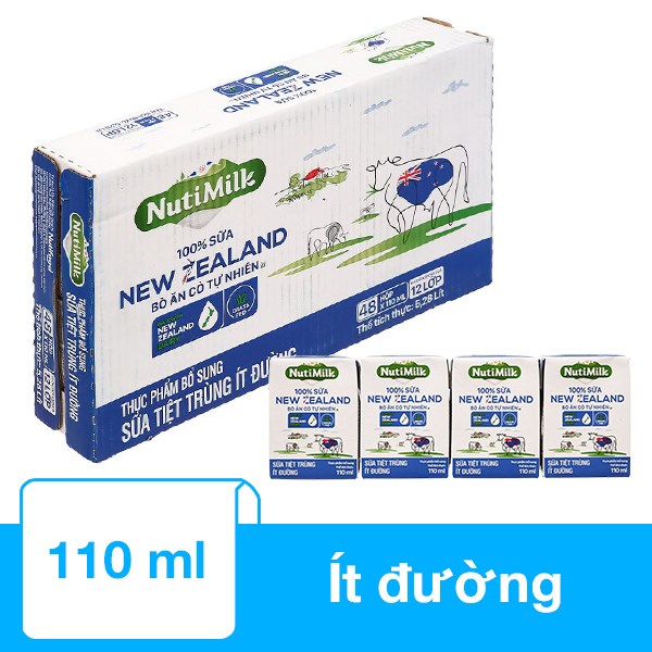 Lốc 4 hộp sữa tiệt trùng Nutimilk New Zealand ít đường 110 ml (từ 1 tuổi) - AVAKids.com
