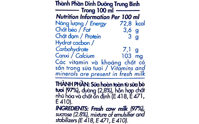 Thành phần dinh dưỡng - Lốc 4 hộp sữa tươi Dalat Milk ít đường 110 ml (từ 1 tuổi)