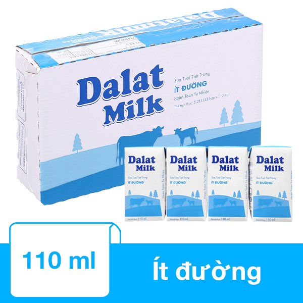 Thùng 48 Hộp Sữa Tươi Tiệt Trùng Dalat Milk Ít Đường 110 Ml (Từ 1 Tuổi)