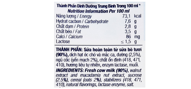 Thành phần dinh dưỡng - Lốc 4 hộp sữa tươi tiệt trùng TH true MILK Light Meal ngũ cốc có đường 180 ml (từ 1 tuổi)