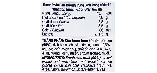 Thành phần dinh dưỡng thùng 48 hộp sữa tươi tiệt trùng TH true MILK Light Meal ngũ cốc ít đường 180 ml (từ 1 tuổi)