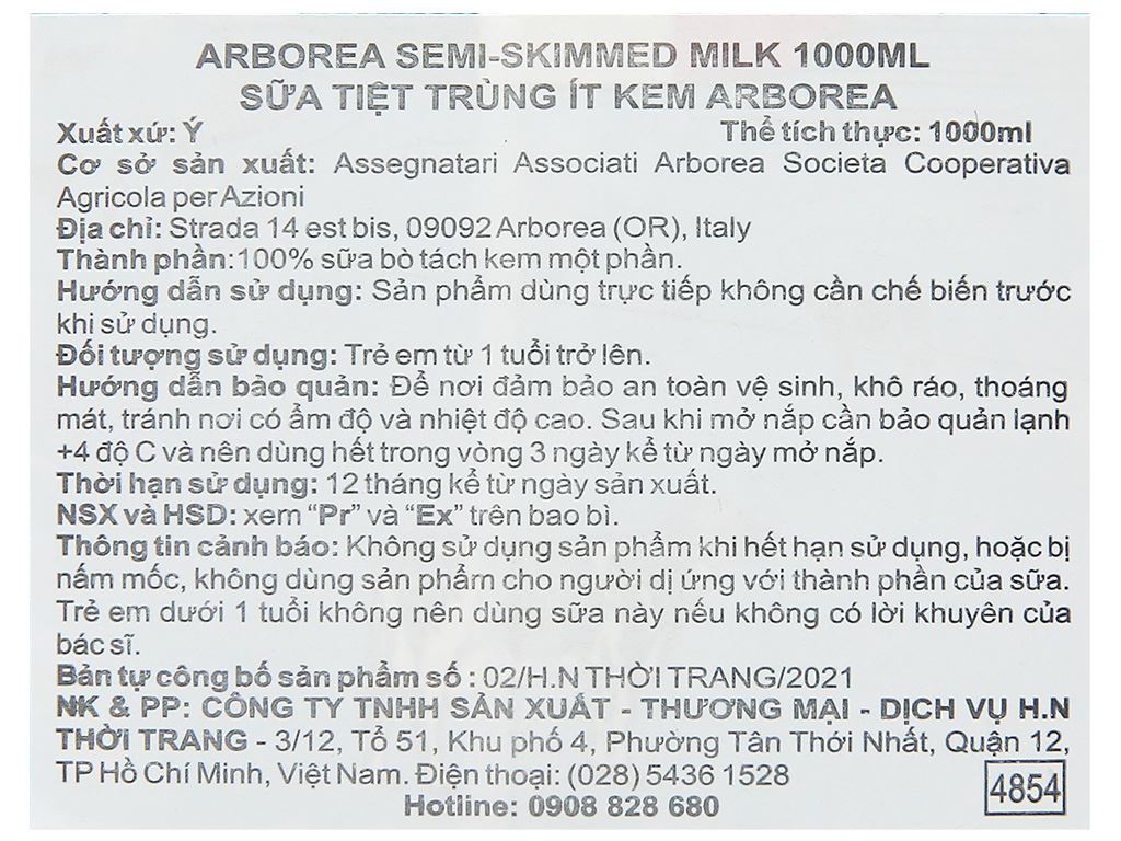 Sữa tươi tiệt trùng Arborea ít kem hộp 1 lít 8