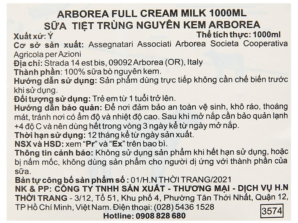 Sữa tươi tiệt trùng nguyên kem Arborea hộp 1 lít 8