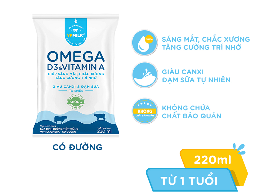 Sữa tươi tiệt trùng có đường VPMilk Omega bịch 220ml 2