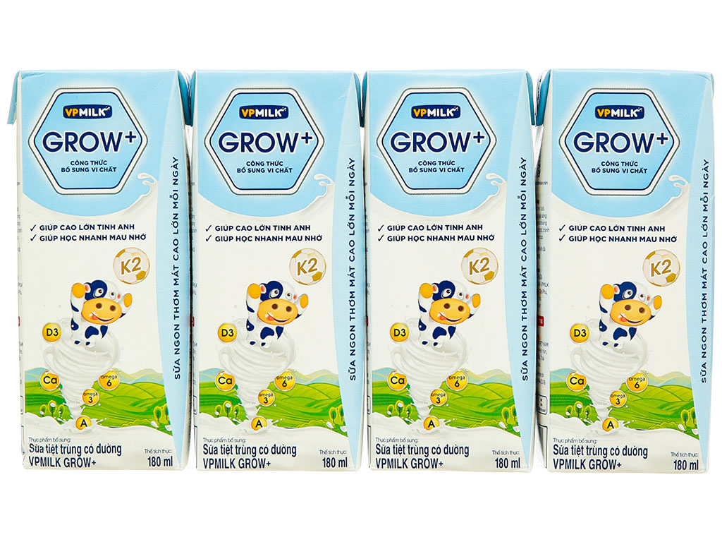 Lốc 4 hộp sữa tươi tiệt trùng có đường VPMilk Grow+ 180ml 3
