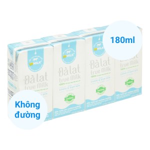 Lốc 4 hộp sữa tươi tiệt trùng không đường Đà Lạt True Milk 180ml
