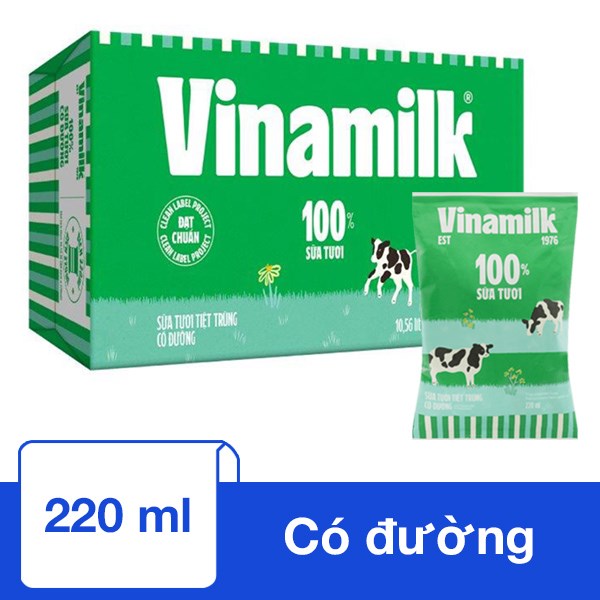 Thùng 48 Bịch Sữa Tươi Tiệt Trùng Vinamilk Có Đường 220 Ml (Từ 1 Tuổi)