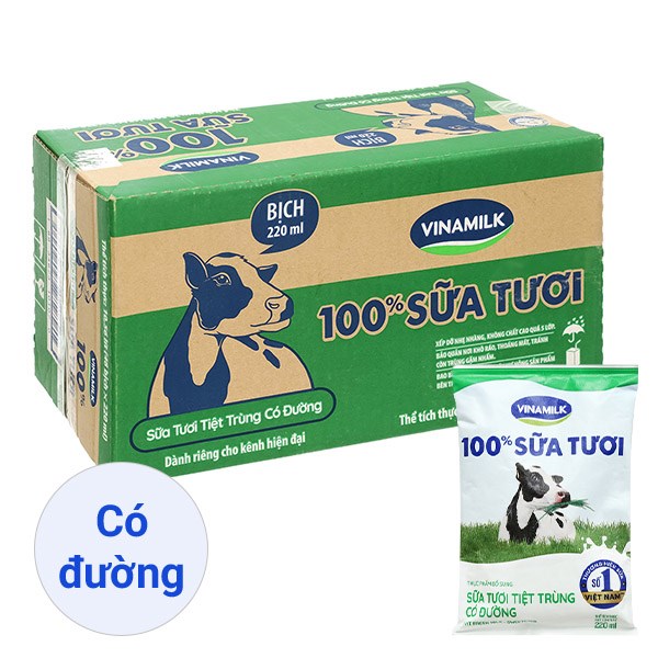 Thùng 48 bịch sữa tươi tiệt trùng Vinamilk có đường 220 ml (từ 1 tuổi)