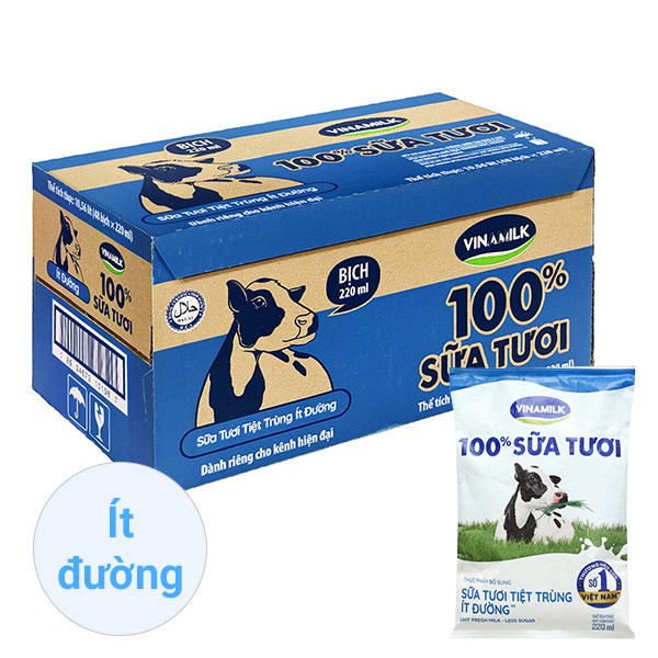 Thùng 48 bịch sữa tươi tiệt trùng Vinamilk ít đường 220 ml (từ 1 tuổi)