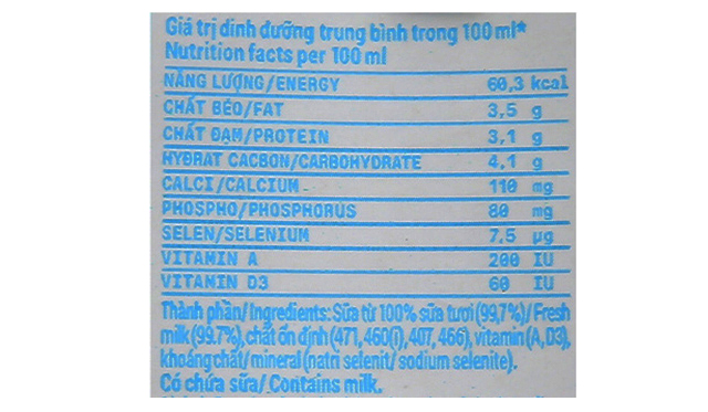 Thành phần - Lốc 4 hộp sữa tươi tiệt trùng Vinamilk không đường 110 ml (từ 1 tuổi)