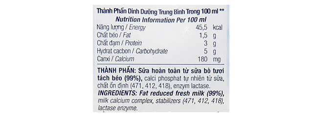 Thành phần dinh dưỡng - Lốc 4 hộp sữa tươi tiệt trùng TH true MILK Hilo không đường 180 ml (từ 1 tuổi)