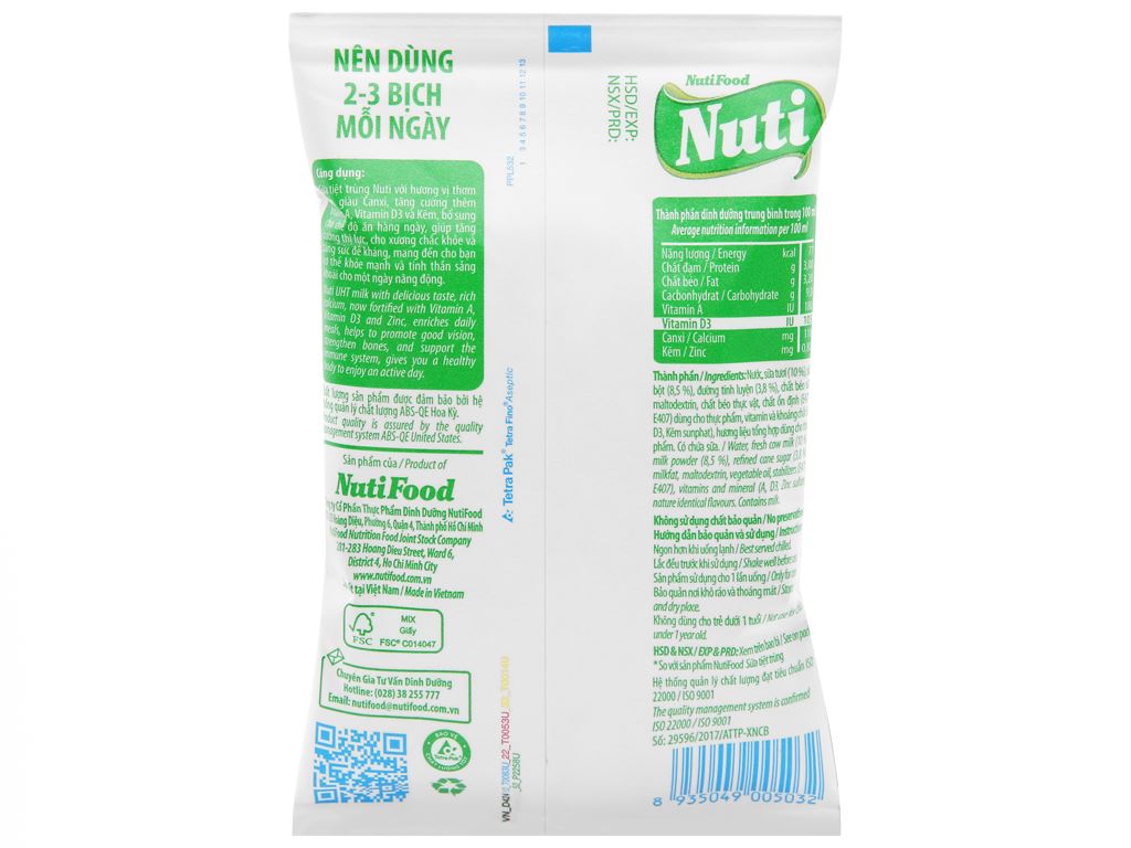Sữa tiệt trùng có đường Nuti bịch 220ml 3