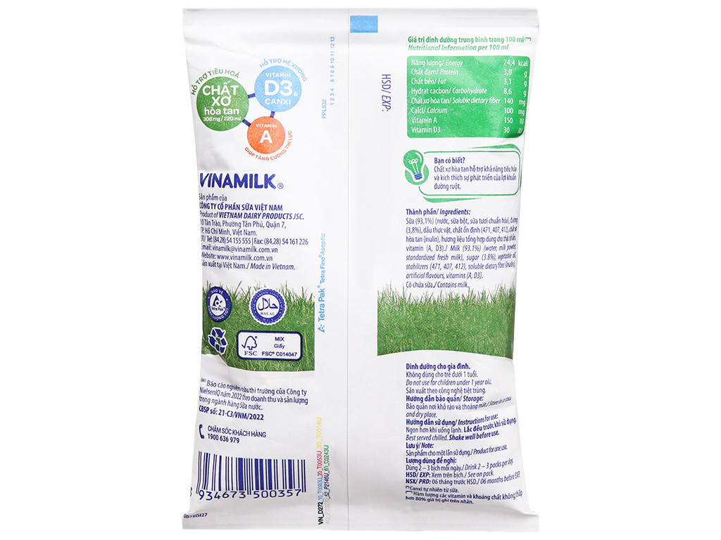 Sữa dinh dưỡng có đường Vinamilk A&D3 bịch 220ml 9