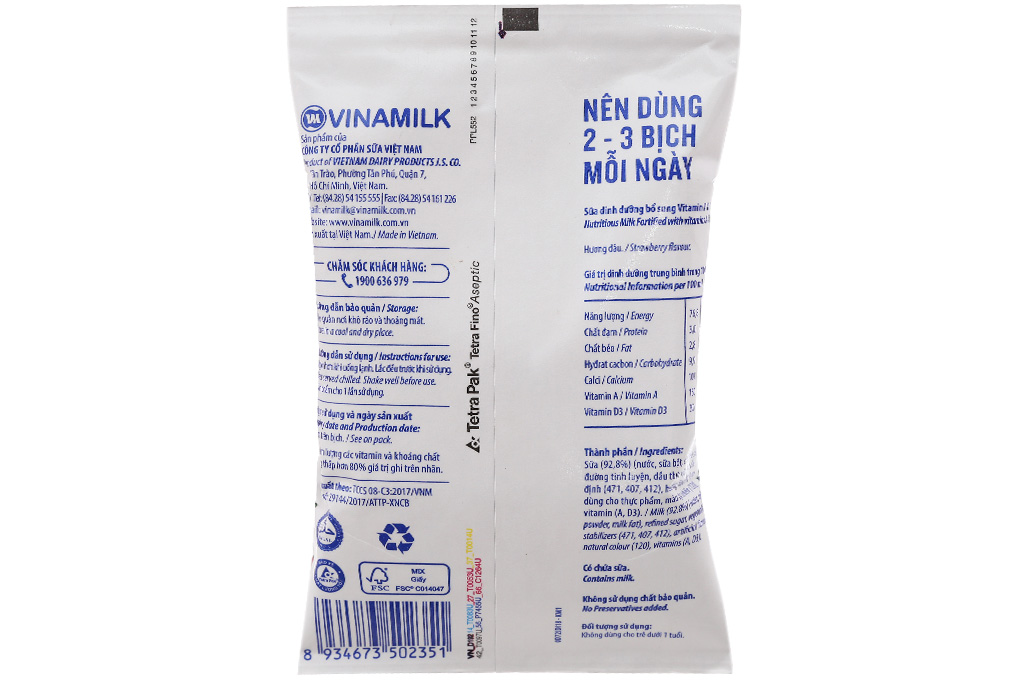 Sữa dinh dưỡng Vinamilk Dâu Fino bịch 220ml
