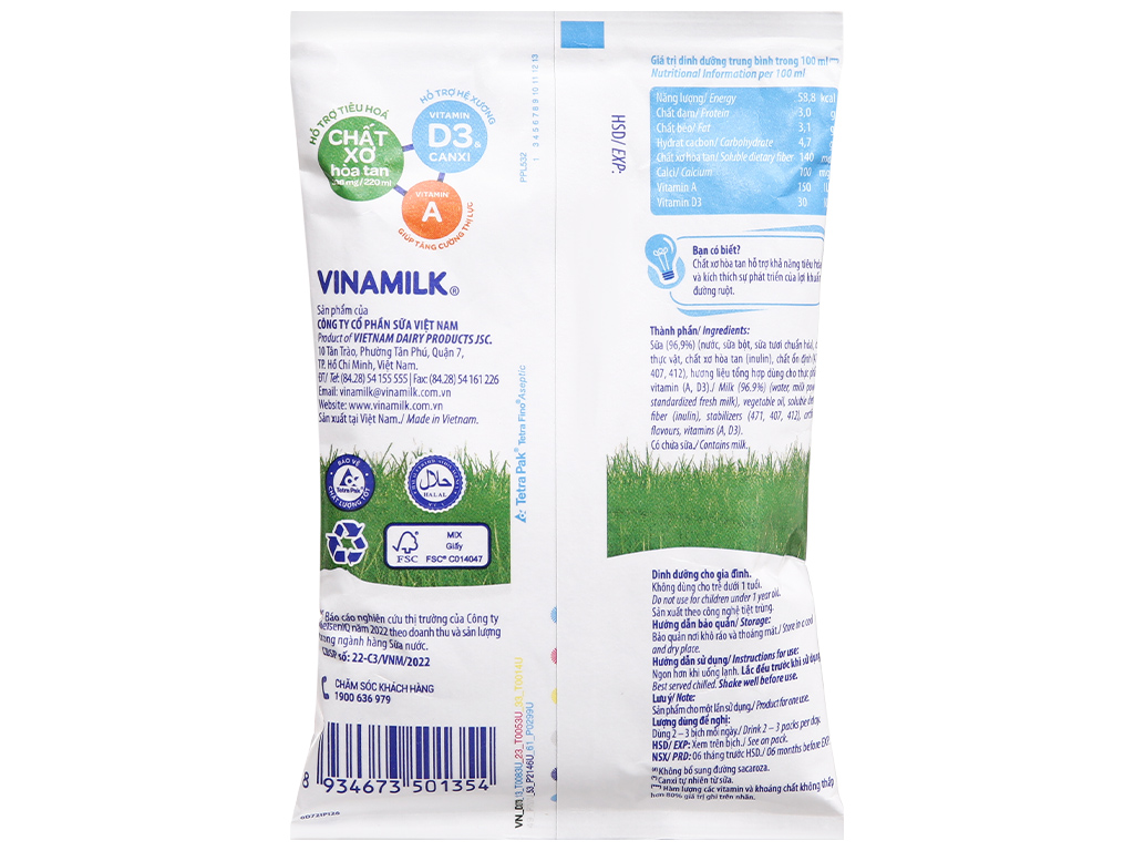 Sữa dinh dưỡng không đường Vinamilk A&D3 bịch 220ml 9