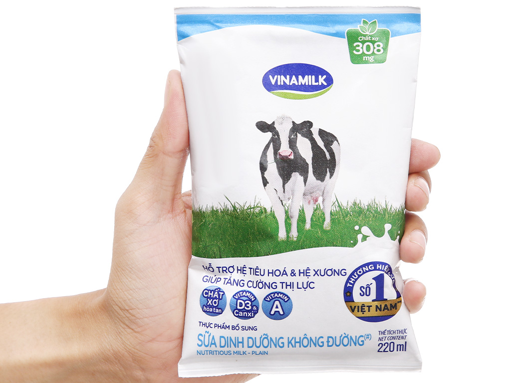 Sữa dinh dưỡng không đường Vinamilk A&D3 bịch 220ml 12