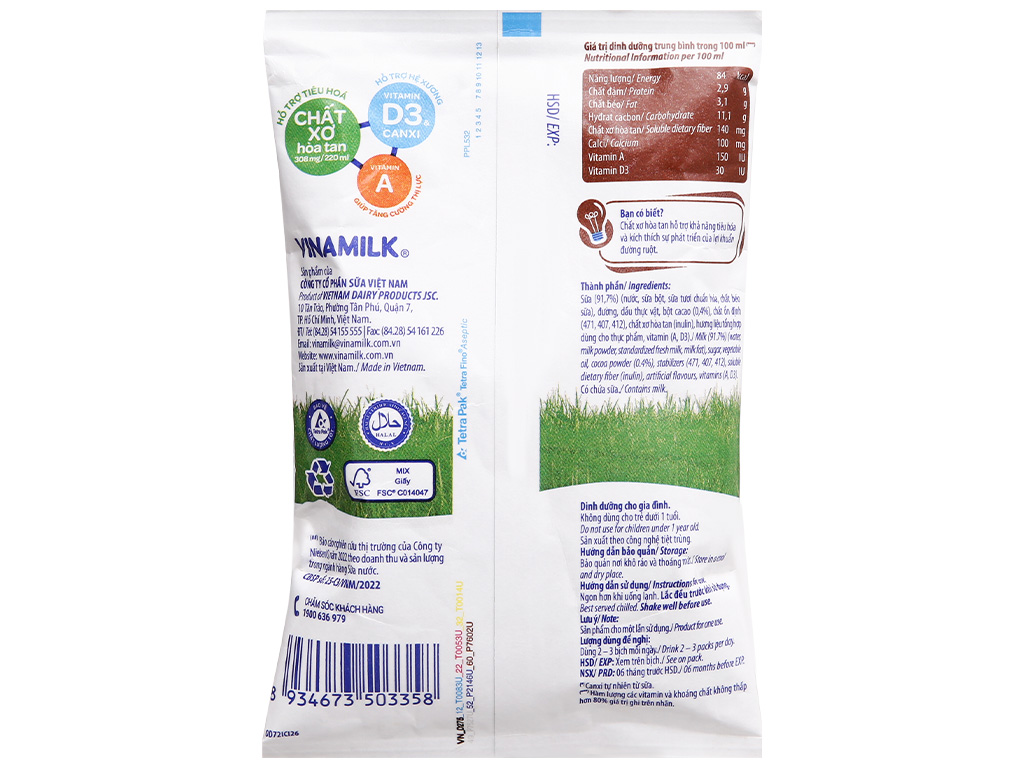 Sữa dinh dưỡng socola Vinamilk A&D3 bịch 220ml 11