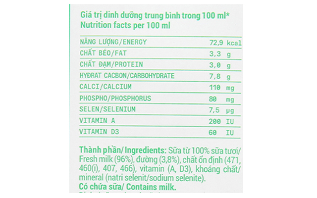 Thành phần - Sữa tươi tiệt trùng Vinamilk có đường 1 lít (từ 1 tuổi)