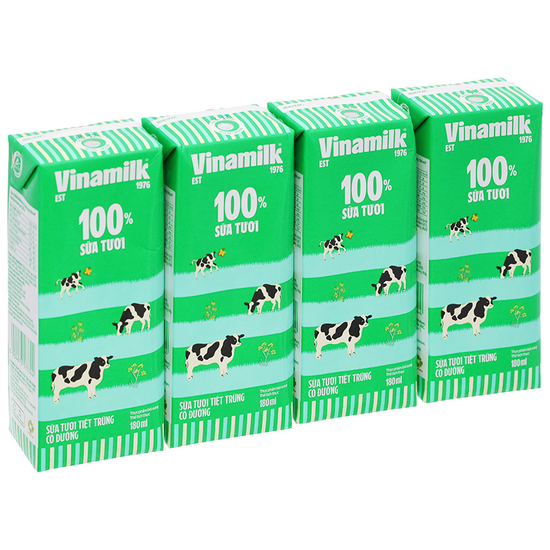 Lốc 4 hộp sữa tươi tiệt trùng Vinamilk có đường 180 ml (từ 1 tuổi)