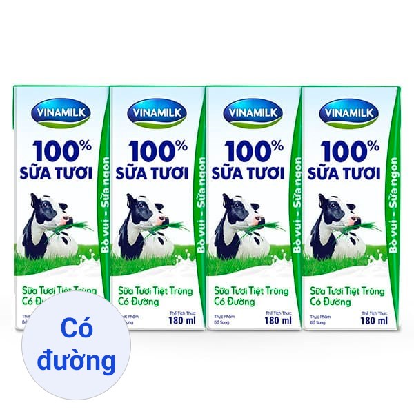 Lốc 4 hộp sữa tươi tiệt trùng Vinamilk có đường 180 ml (từ 1 tuổi)