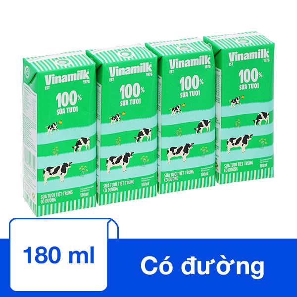 Lốc 4 Hộp Sữa Tươi Tiệt Trùng Vinamilk Có Đường 180 Ml (Từ 1 Tuổi)