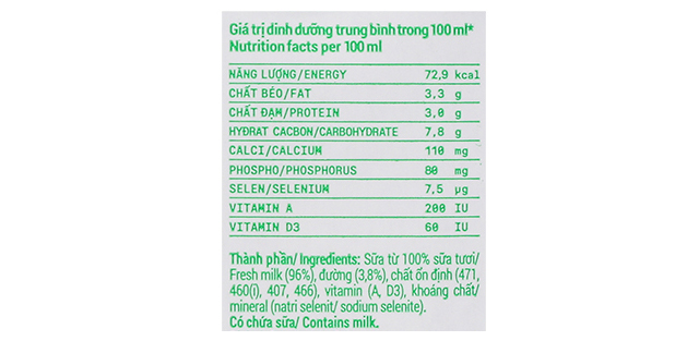 Thành phần dinh dưỡng - Lốc 4 hộp sữa tươi tiệt trùng Vinamilk có đường 180 ml (từ 1 tuổi) Thành phần dinh dưỡng - Lốc 4 hộp sữa tươi tiệt trùng Vinamilk có đường 180 ml (từ 1 tuổi)