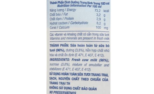 Sữa tươi TH true MILK có đường 220 ml - Giá trị dinh dưỡng và thành phần